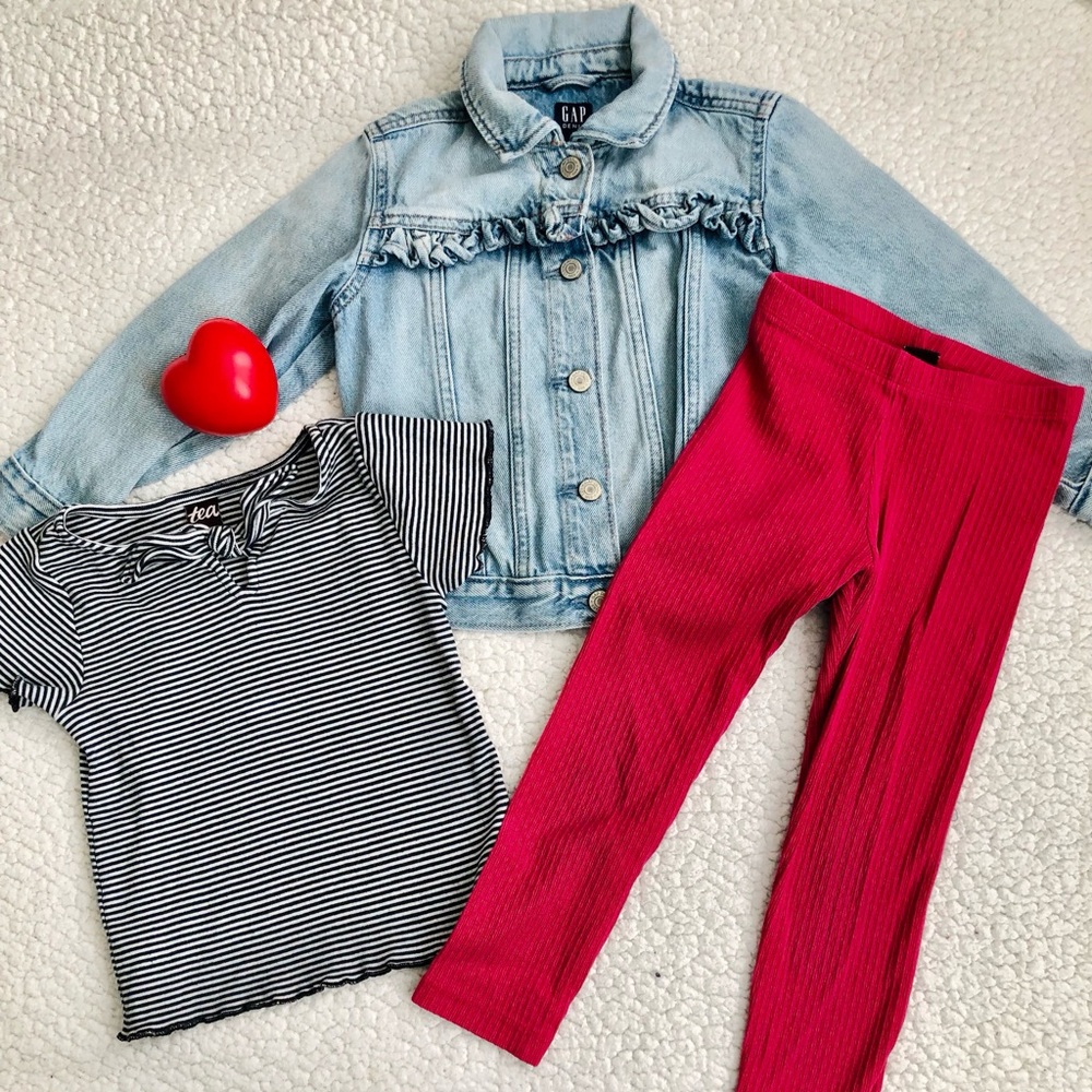 GAP Kids Light Blue Denim Jacket with Striped Tee and Red Leggings